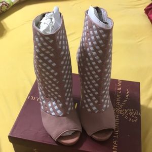 Mauve Knit Peep Toe High Heel Booties